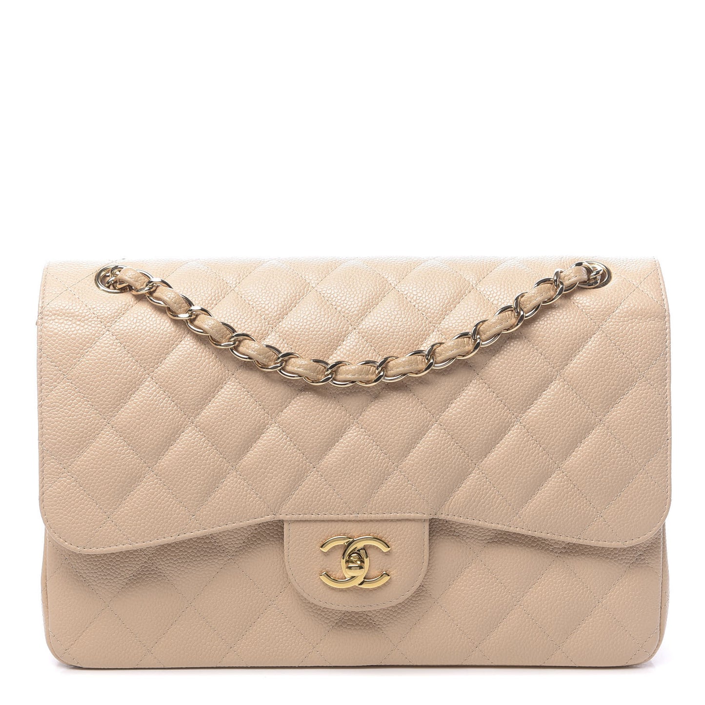 Caviar Quilted Jumbo Double Flap Beige Clair