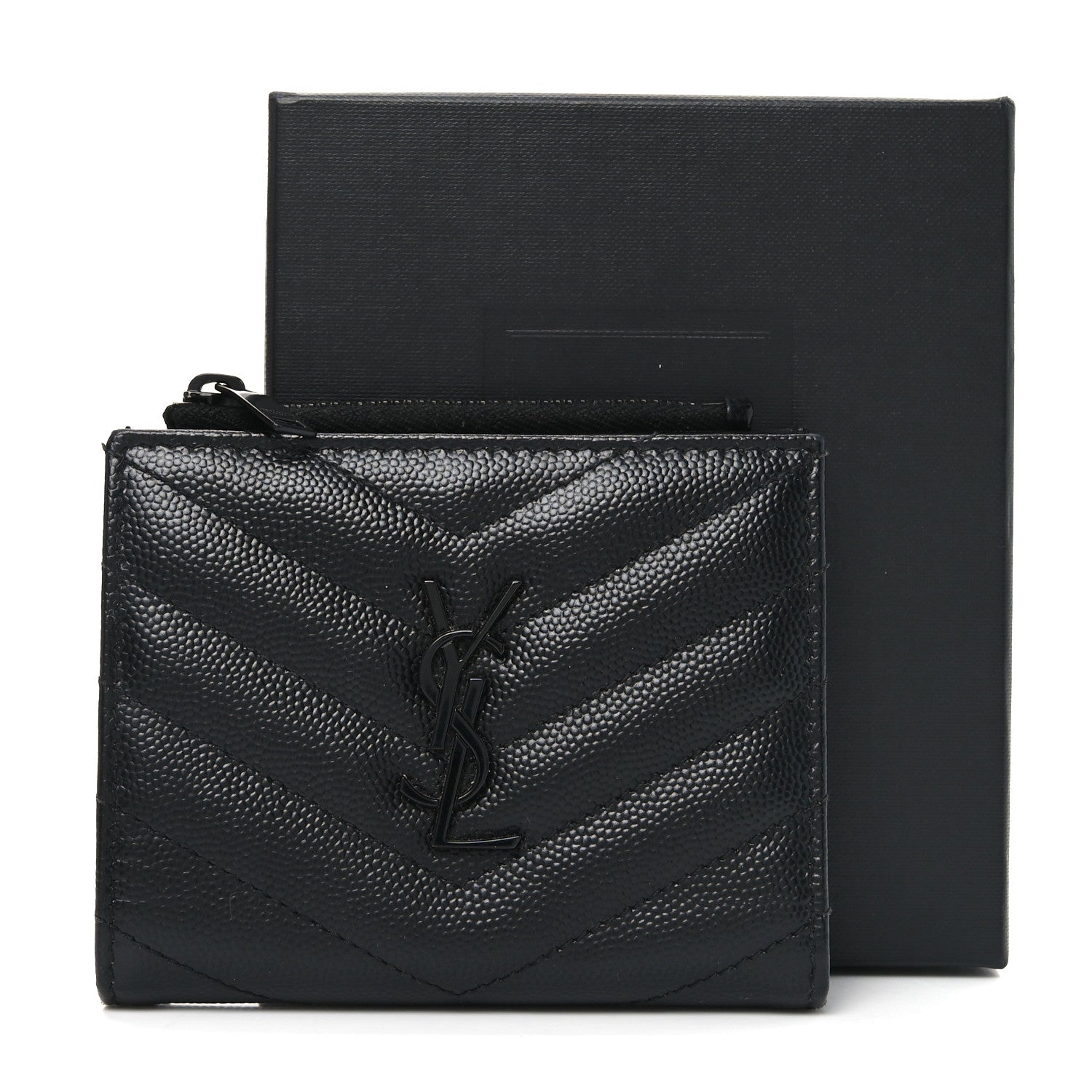 Saint Laurent Grain De Poudre Matelasse Chevron Monogram Zipped Card Case Black 8 of 8