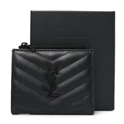 Saint Laurent Grain De Poudre Matelasse Chevron Monogram Zipped Card Case Black 8 of 8