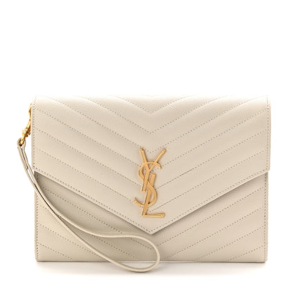 Saint Laurent Grain De Poudre Matelasse Chevron Monogram Envelope Clutch Crema Soft 1 of 8