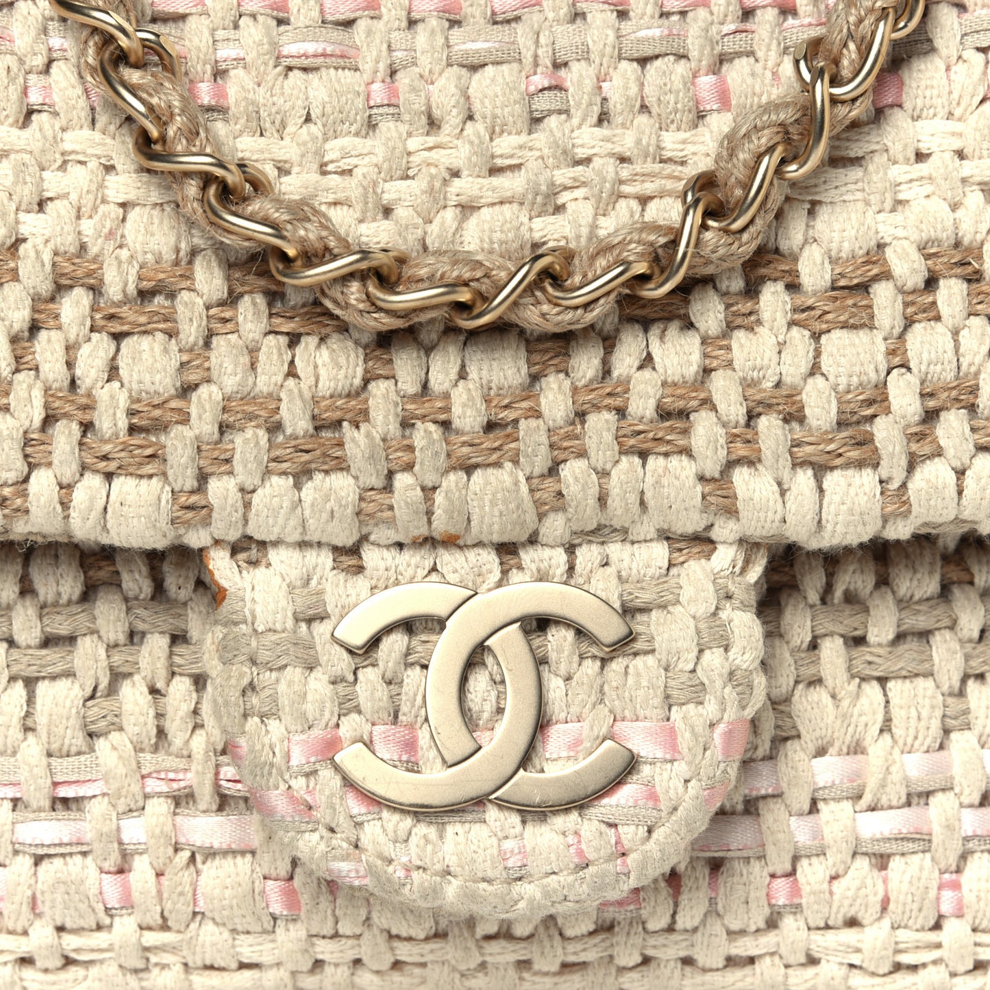 Tweed Chain Braid Small Single Flap Beige White