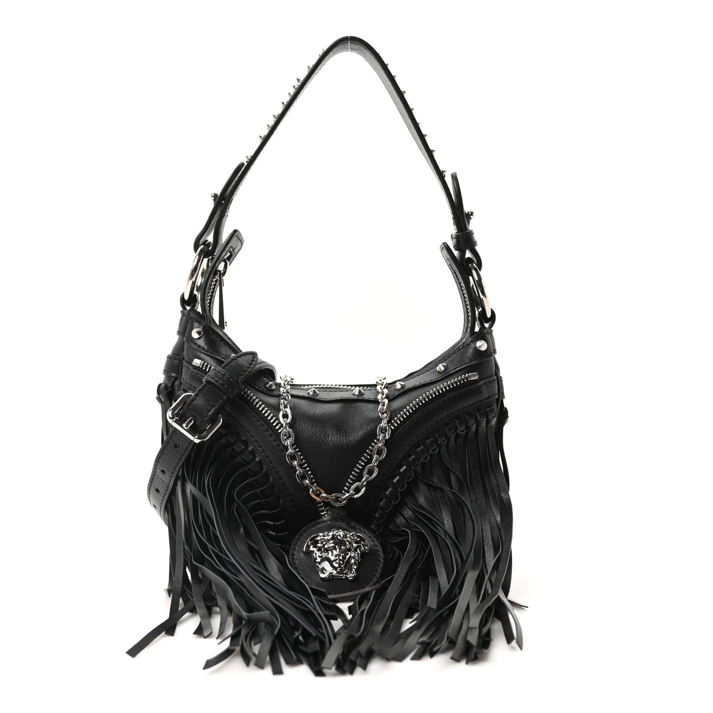Calfskin Studded Mini Fringe Repeat Zip Hobo Black