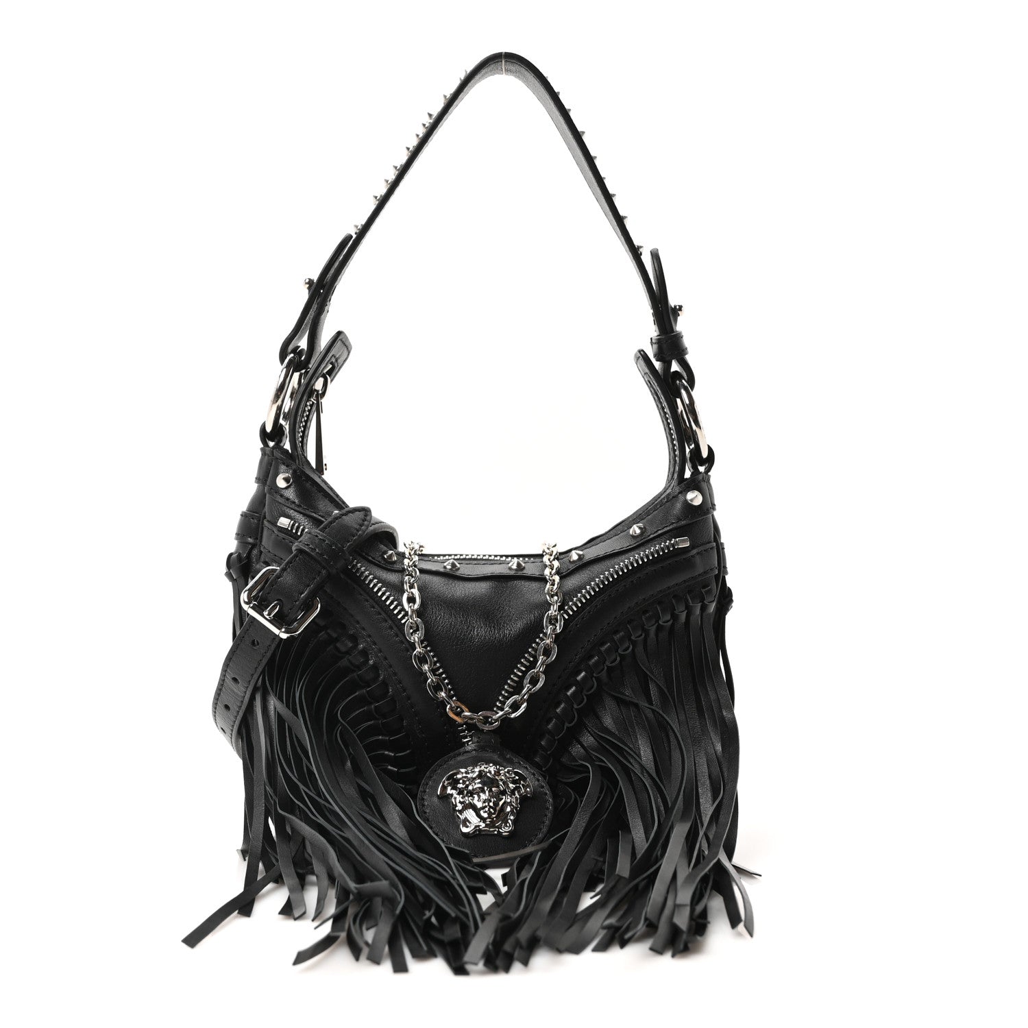 Versace Calfskin Studded Mini Fringe Repeat Zip Hobo Black 1 of 10