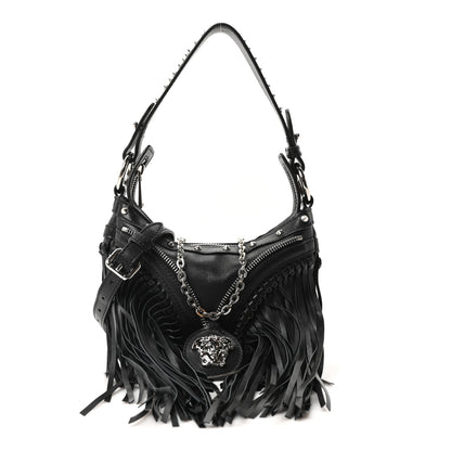 Versace Calfskin Studded Mini Fringe Repeat Zip Hobo Black 1 of 10