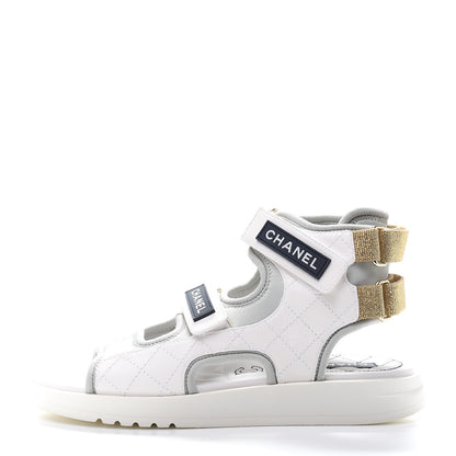Chanel Goatskin Fabric Gladiator Sandals 37 Grey Navy Blue 1 of 9