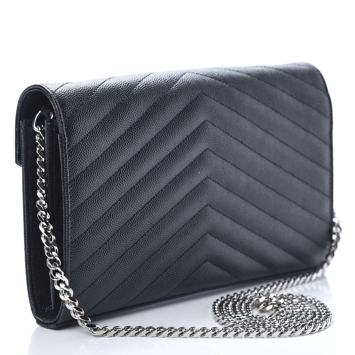 Saint Laurent Grain De Poudre Matelasse Chevron Monogram Chain Wallet Black 3 of 11