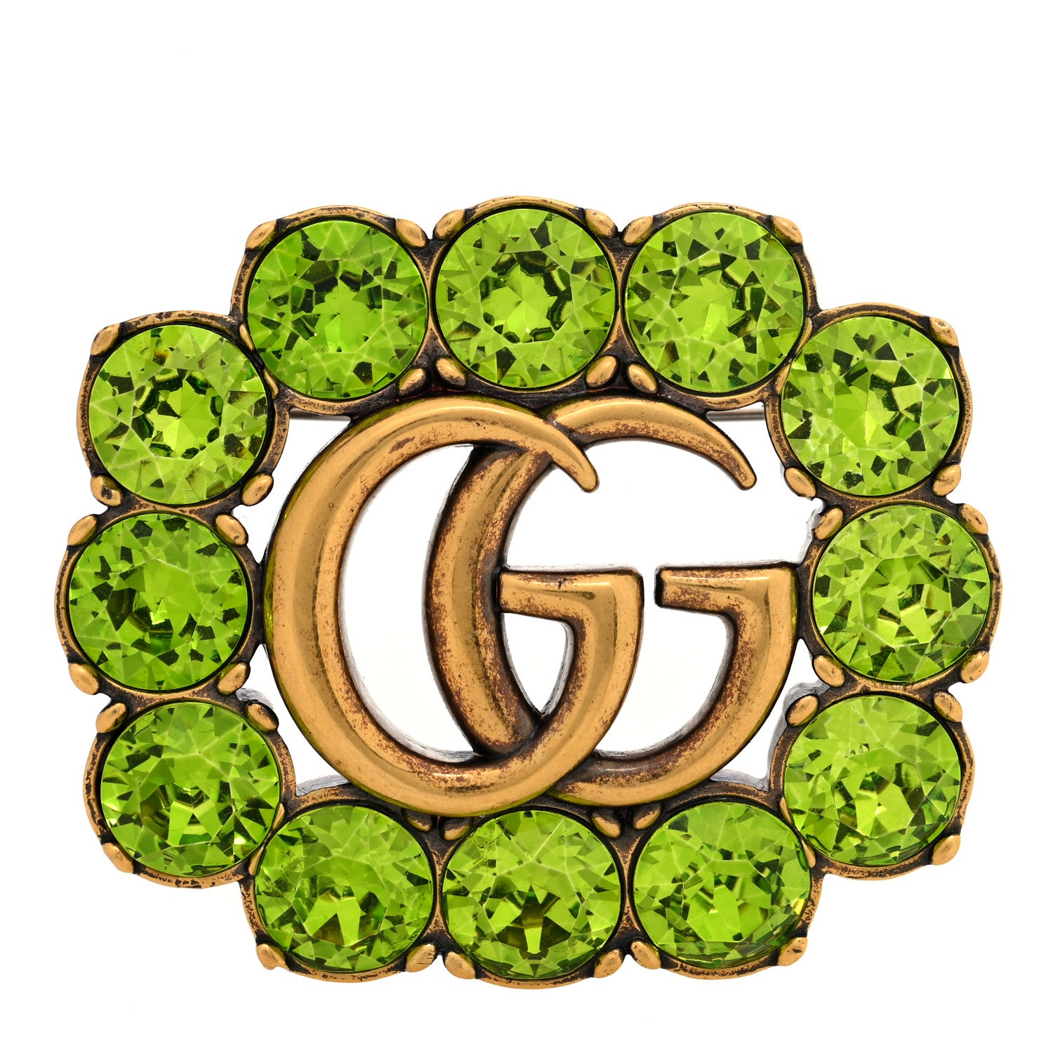 Gucci Metal Crystal Double G Brooch Aged Gold Green 1 of 3