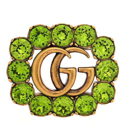 Gucci Metal Crystal Double G Brooch Aged Gold Green 1 of 3