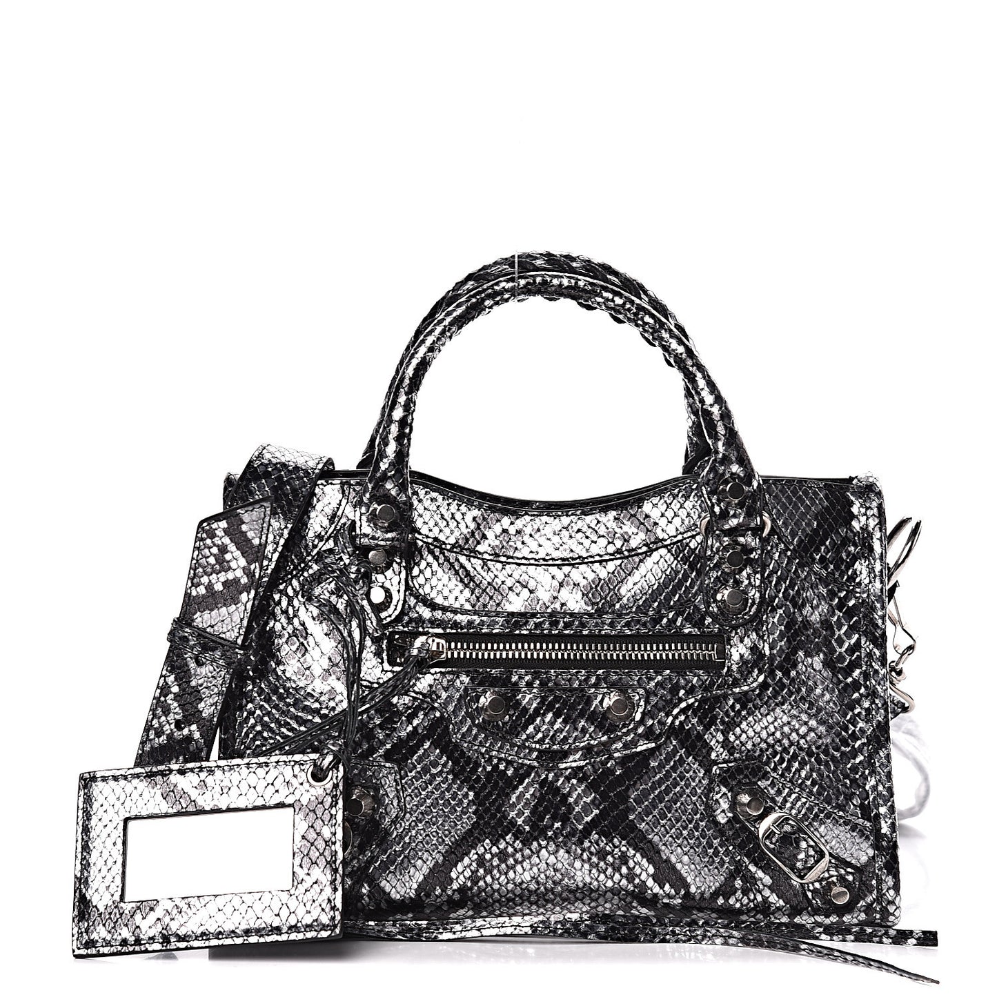 Metallic Calfskin Snakeskin Embossed Classic Silver Hardware Mini City Silver