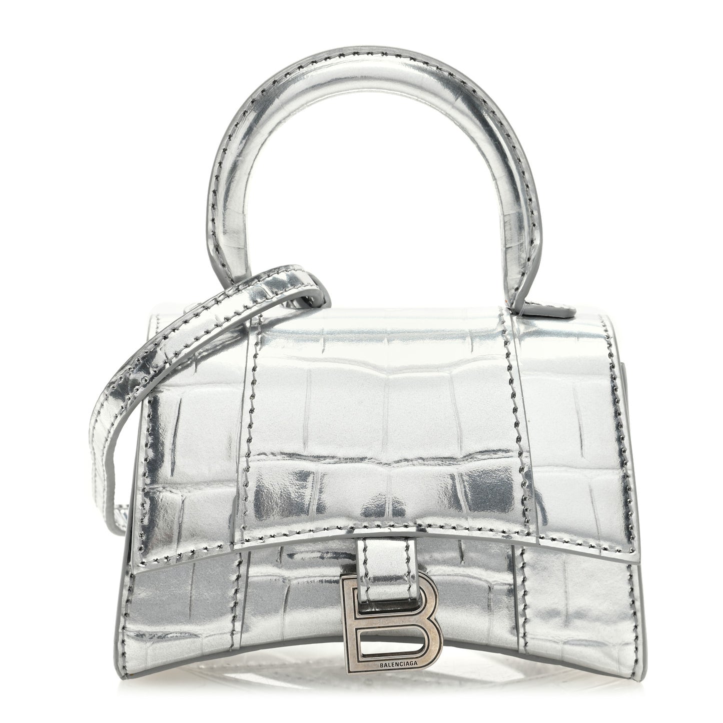 Metallic Calfskin Crocodile Embossed Hourglass Top Handle Bag Mini Silver