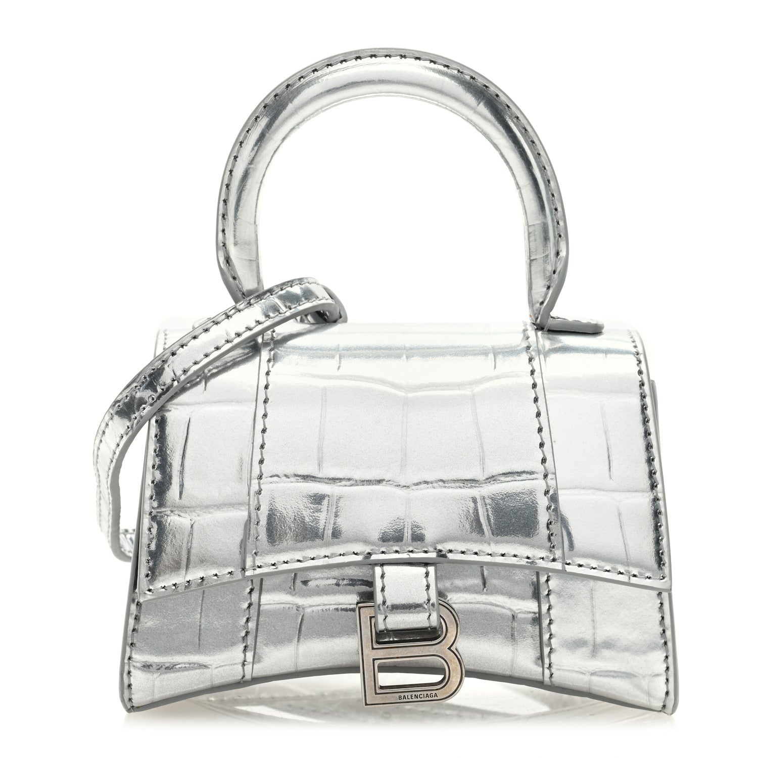 Balenciaga Metallic Calfskin Crocodile Embossed Hourglass Top Handle Bag Mini Silver 1 of 9