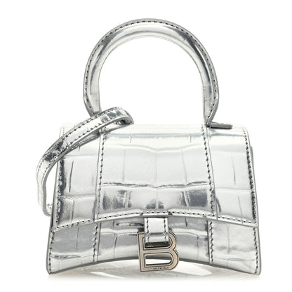 Balenciaga Metallic Calfskin Crocodile Embossed Hourglass Top Handle Bag Mini Silver 1 of 9