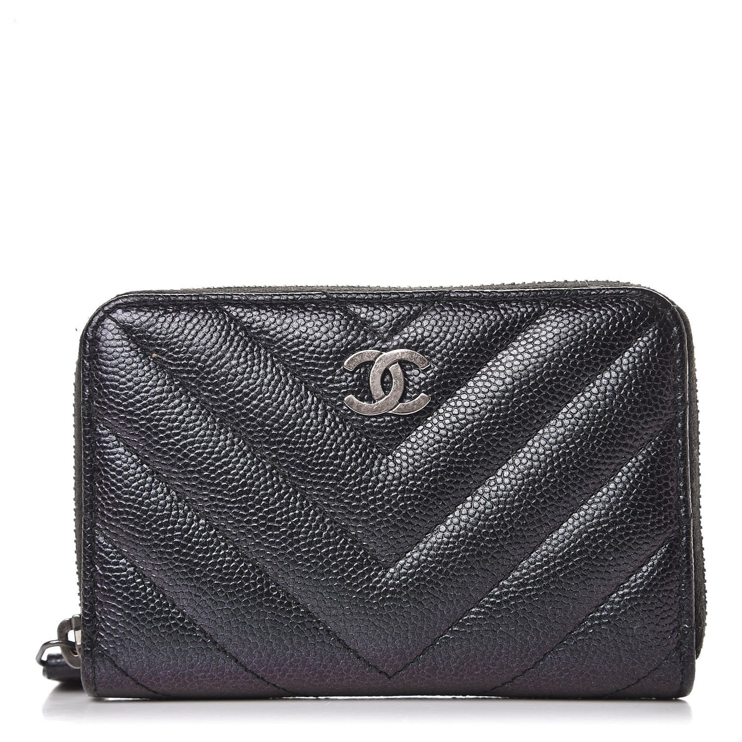 Iridescent Caviar Chevron Quilted Zip Around Coin Purse Black