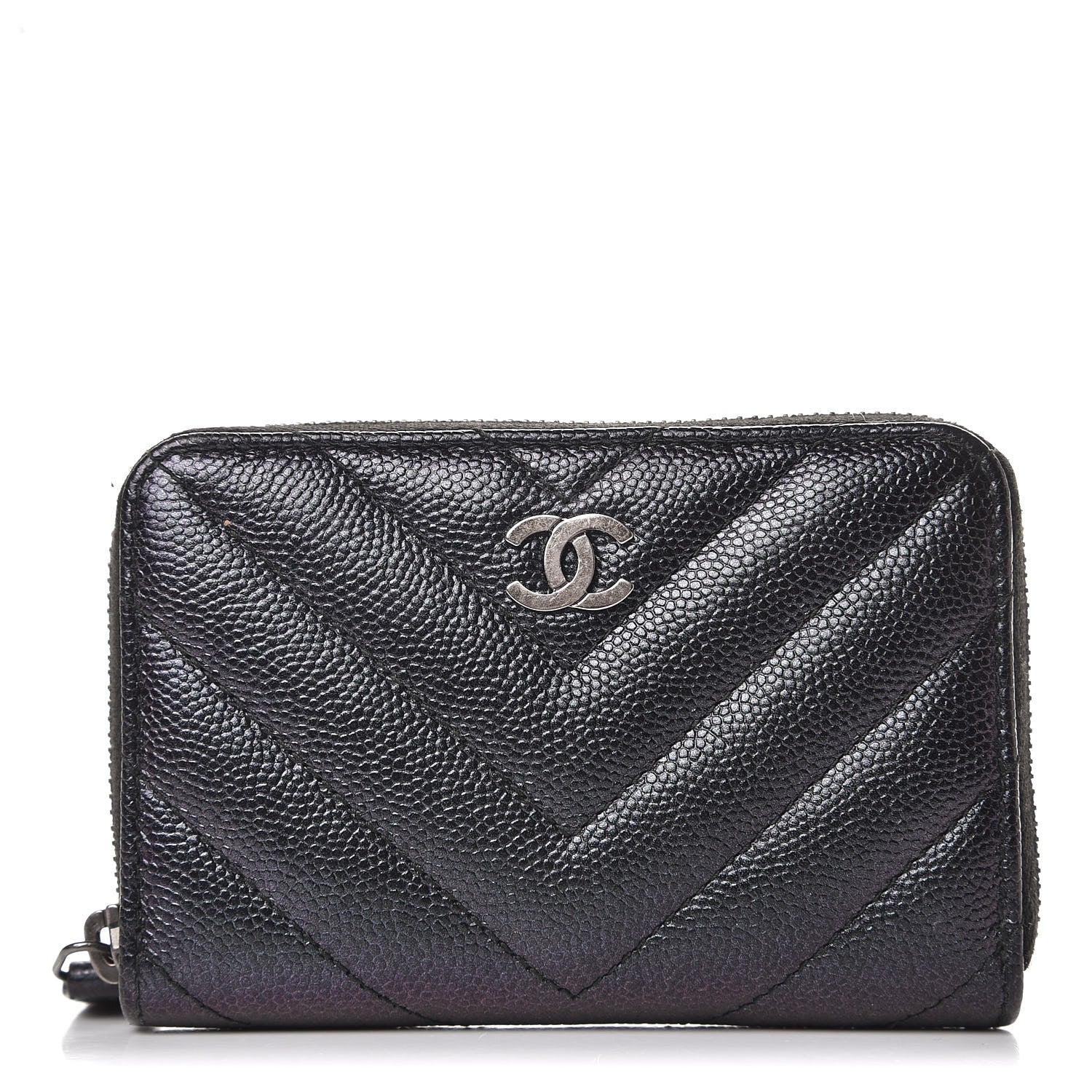 Chanel Iridescent Caviar Chevron Quilted Zip Around Coin Purse Black 1 of 8