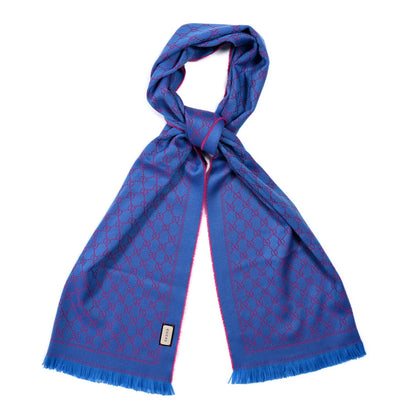 Gucci Wool GG Monogram Reversible New Sten Fringe Scarf Fuxia Sky Blue 1 of 4