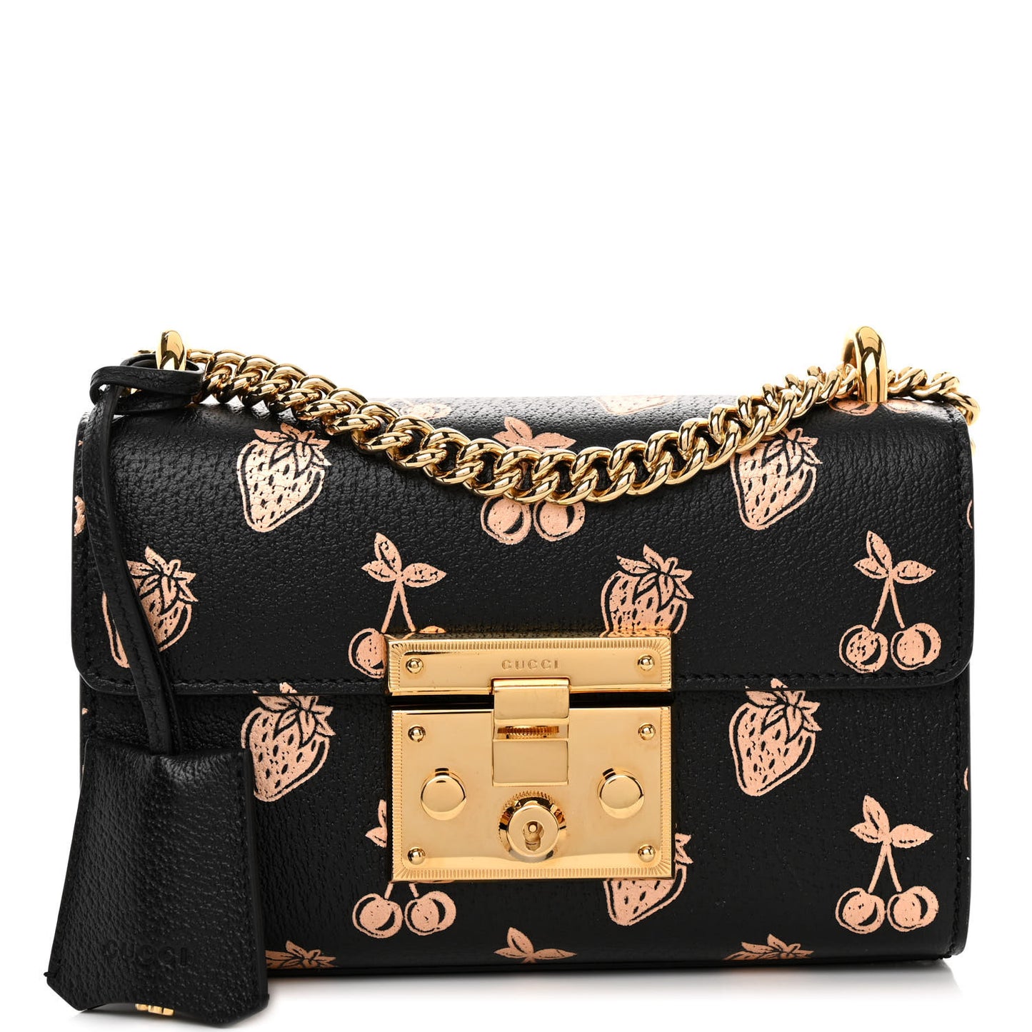 Textured Dollar Calfskin Berry Print Small Padlock Shoulder Bag Black Light Copper