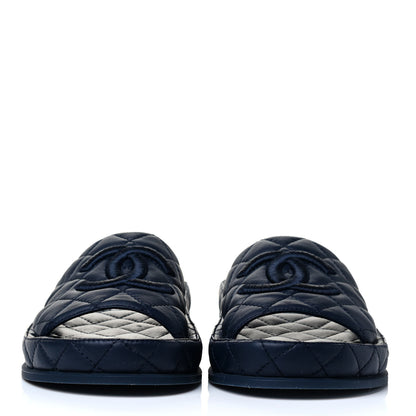 Chanel Lambskin Quilted CC Mules Sandals 37 Navy Blue 2 of 5