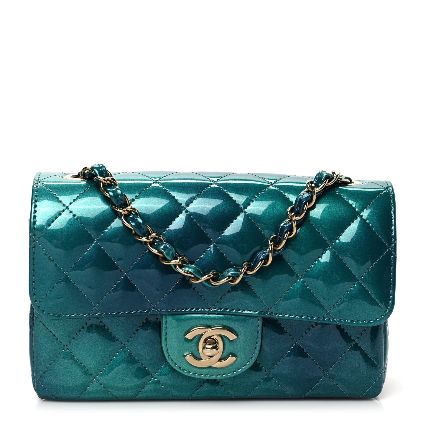 Shaded Patent Calfskin Quilted Mini Rectangular Flap Green Blue