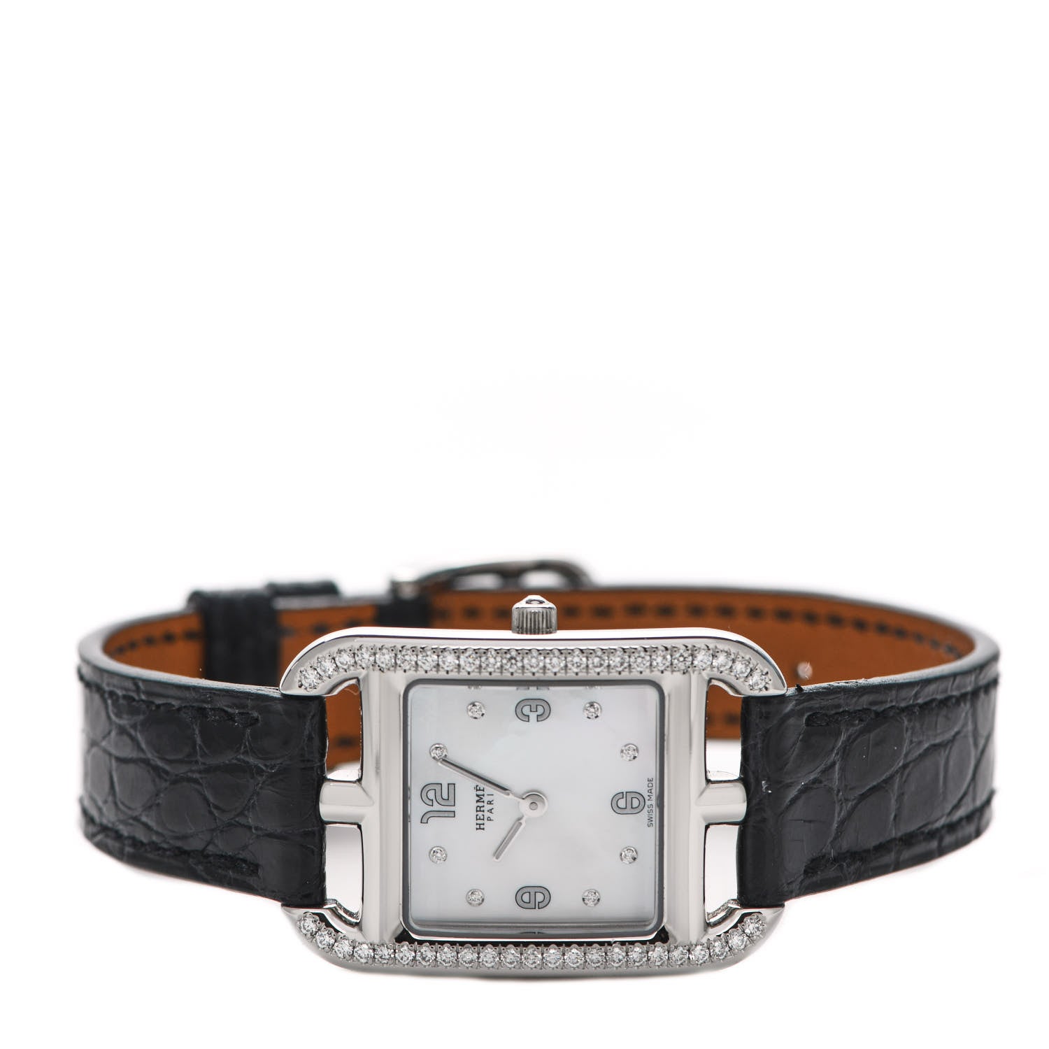 Hermes Stainless Steel Alligator Diamond Bezel Mother of Pearl 23mm Cape Cod Quartz Watch Noir 2 of 5