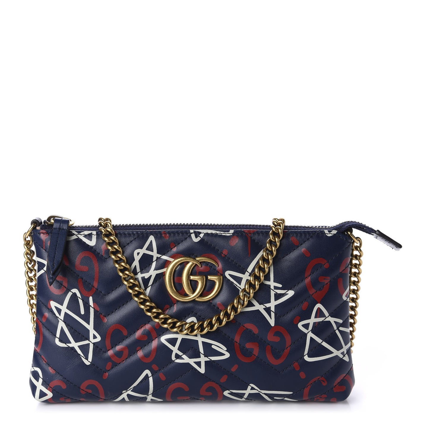 Calfskin Matelasse GucciGhost Mini GG Marmont Chain Bag Blue Agata Hibiscus Red