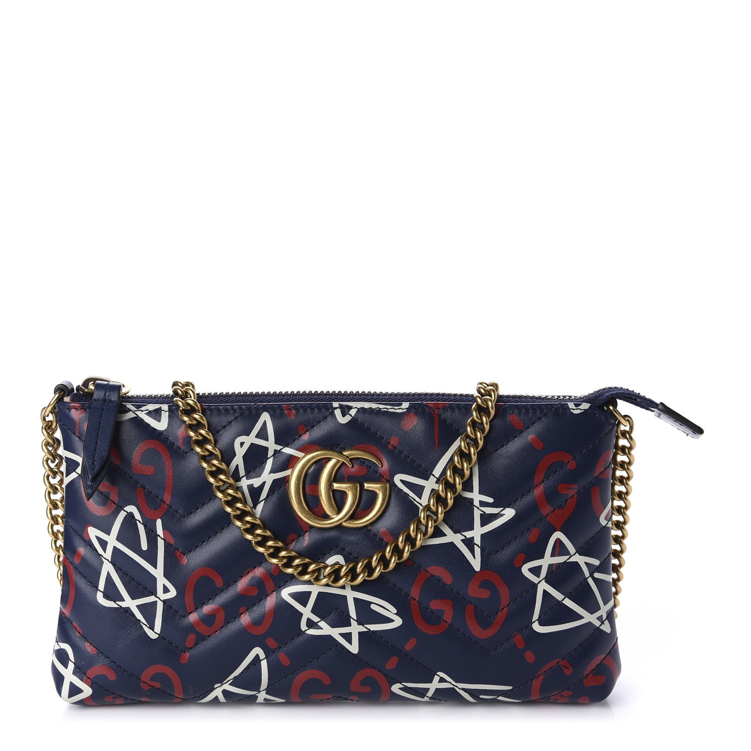 Gucci Calfskin Matelasse GucciGhost Mini GG Marmont Chain Bag Blue Agata Hibiscus Red 1 of 10