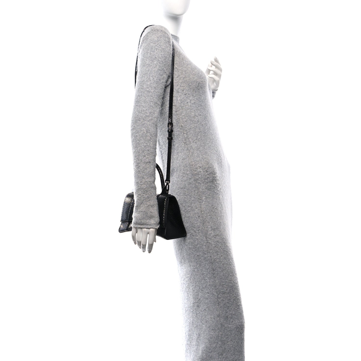 Balenciaga Matte Calfskin Snake Embossed Tonal B Small Hourglass Top Handle Bag Black 2 of 10