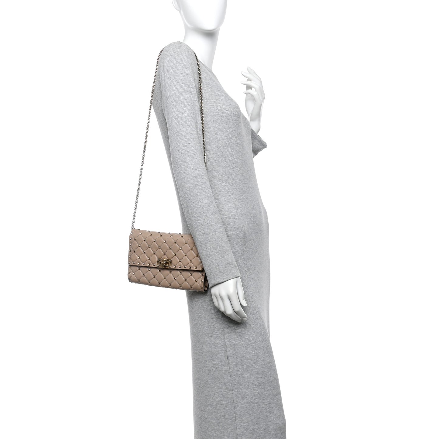 Lambskin Rockstud Spike Wallet on Chain Poudre