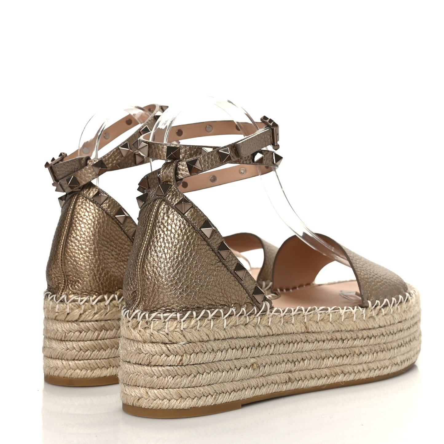 Metallic Grained Calfskin Rockstud Ankle Wrap Espadrille Flatform Sandals 40 Skin Natural