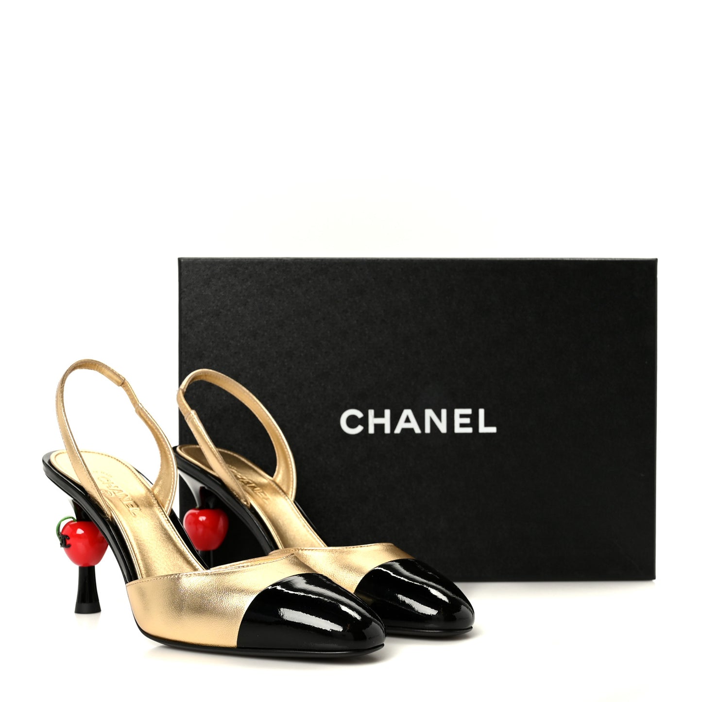 Lambskin Patent Cap Toe CC Apple Slingback Pumps 37 Gold Black