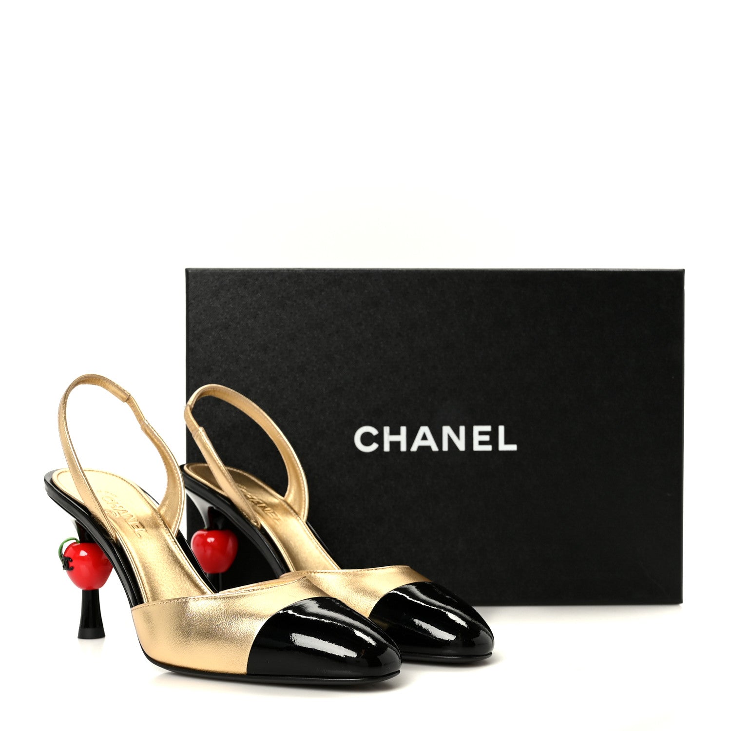 Chanel Lambskin Patent Cap Toe CC Apple Slingback Pumps 37 Gold Black 10 of 10