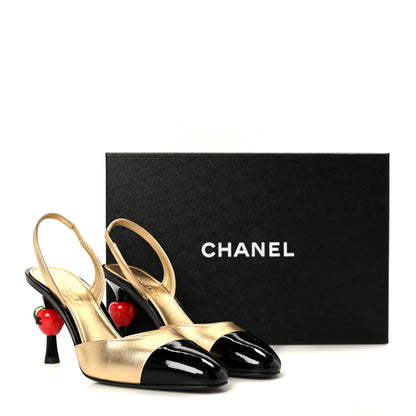 Chanel Lambskin Patent Cap Toe CC Apple Slingback Pumps 37 Gold Black 10 of 10