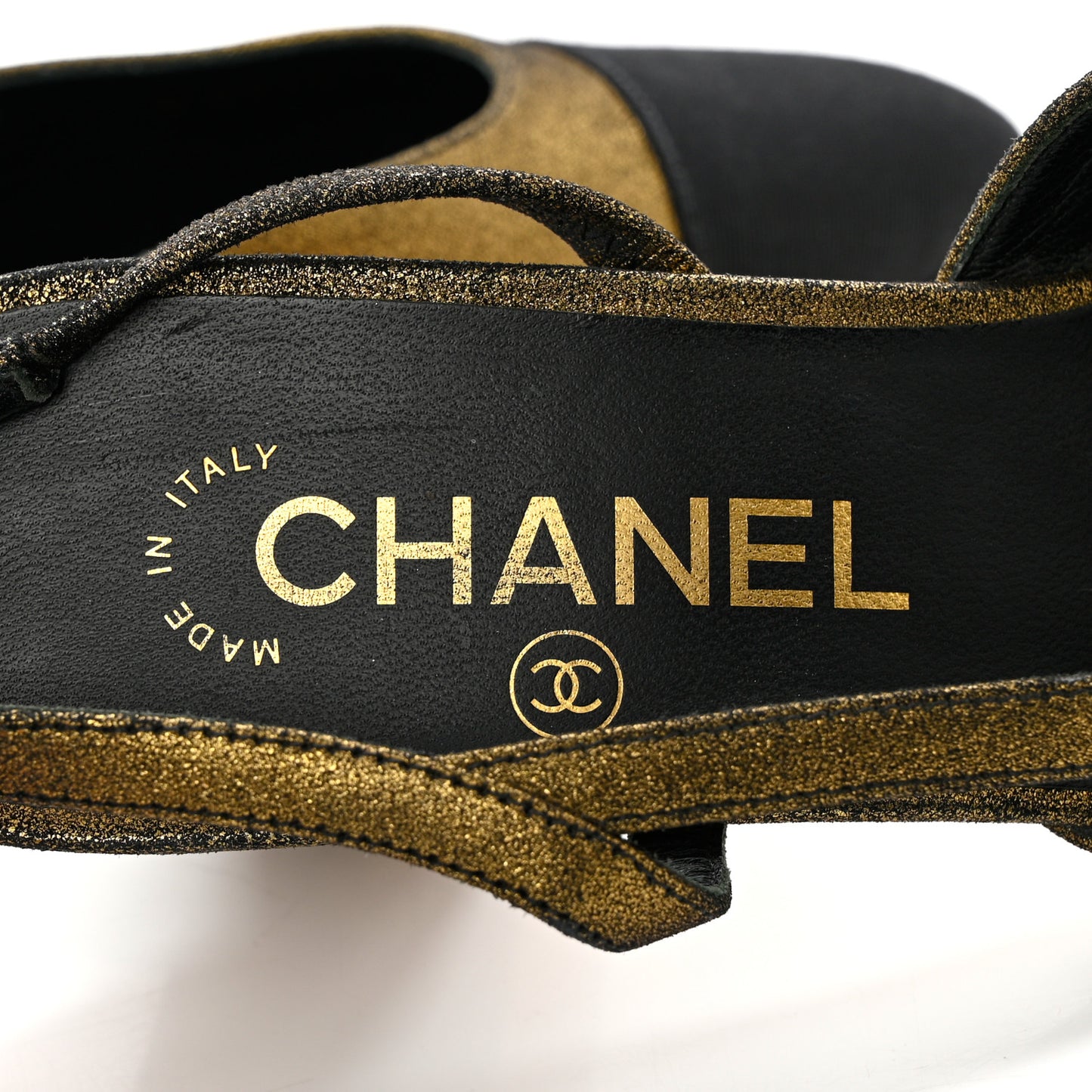 Metallic Lambskin Grosgrain Cap Toe CC Slingback Pumps 37 Gold Black