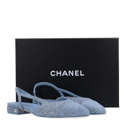 Chanel Denim Quilted Cap Toe CC Slingback Flats 40 Light Blue 10 of 11