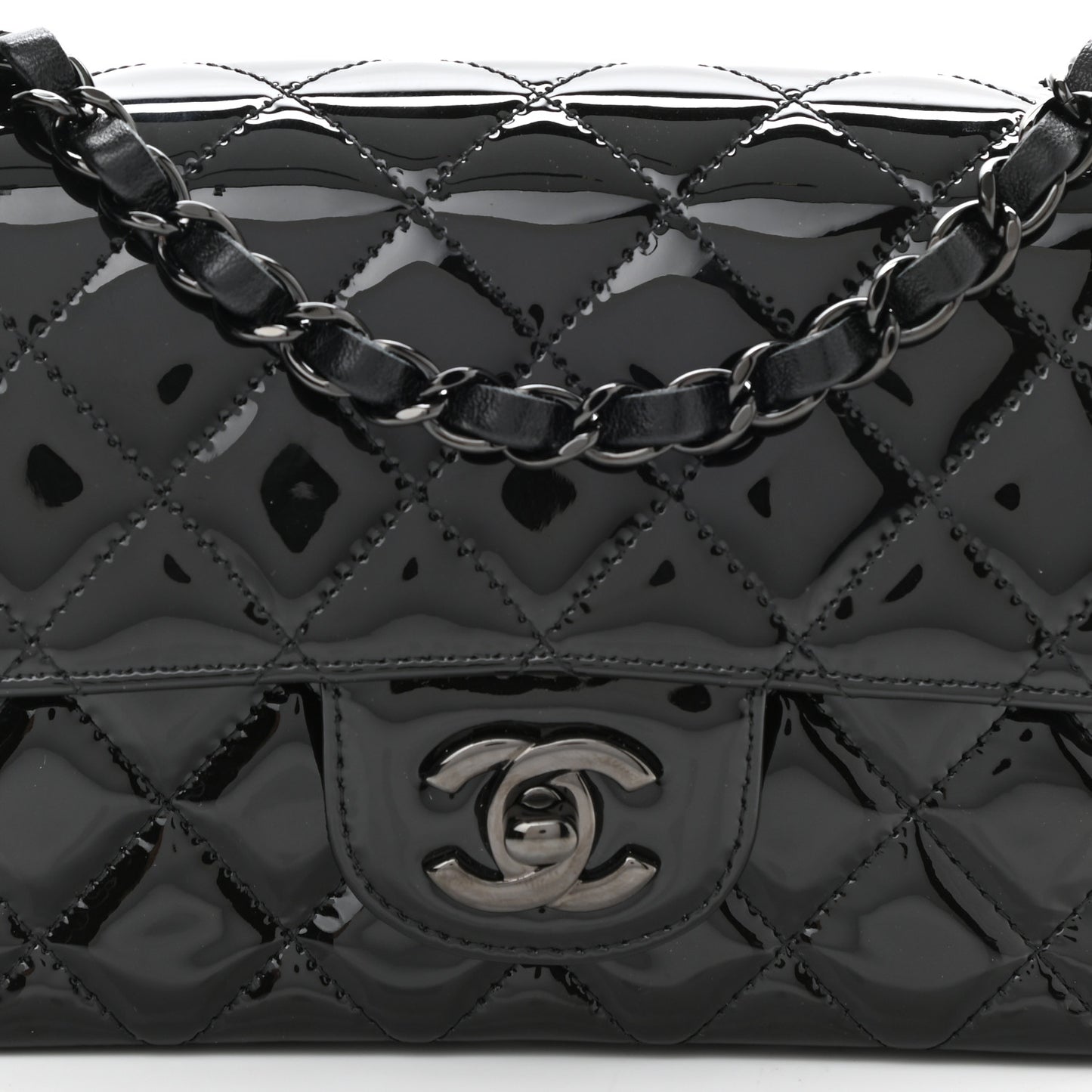 Patent Calfskin Quilted Mini Rectangular Flap So Black