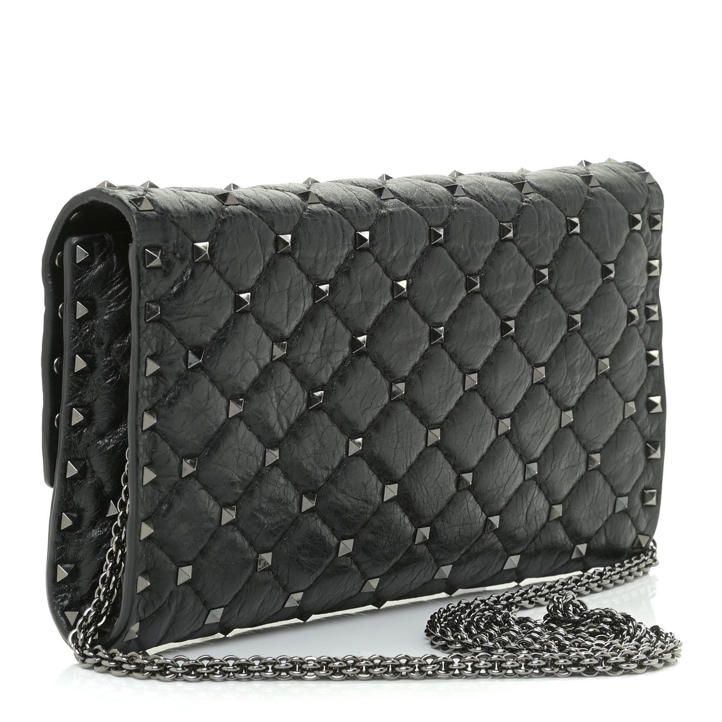 Lambskin Rockstud Spike Wallet on Chain Black