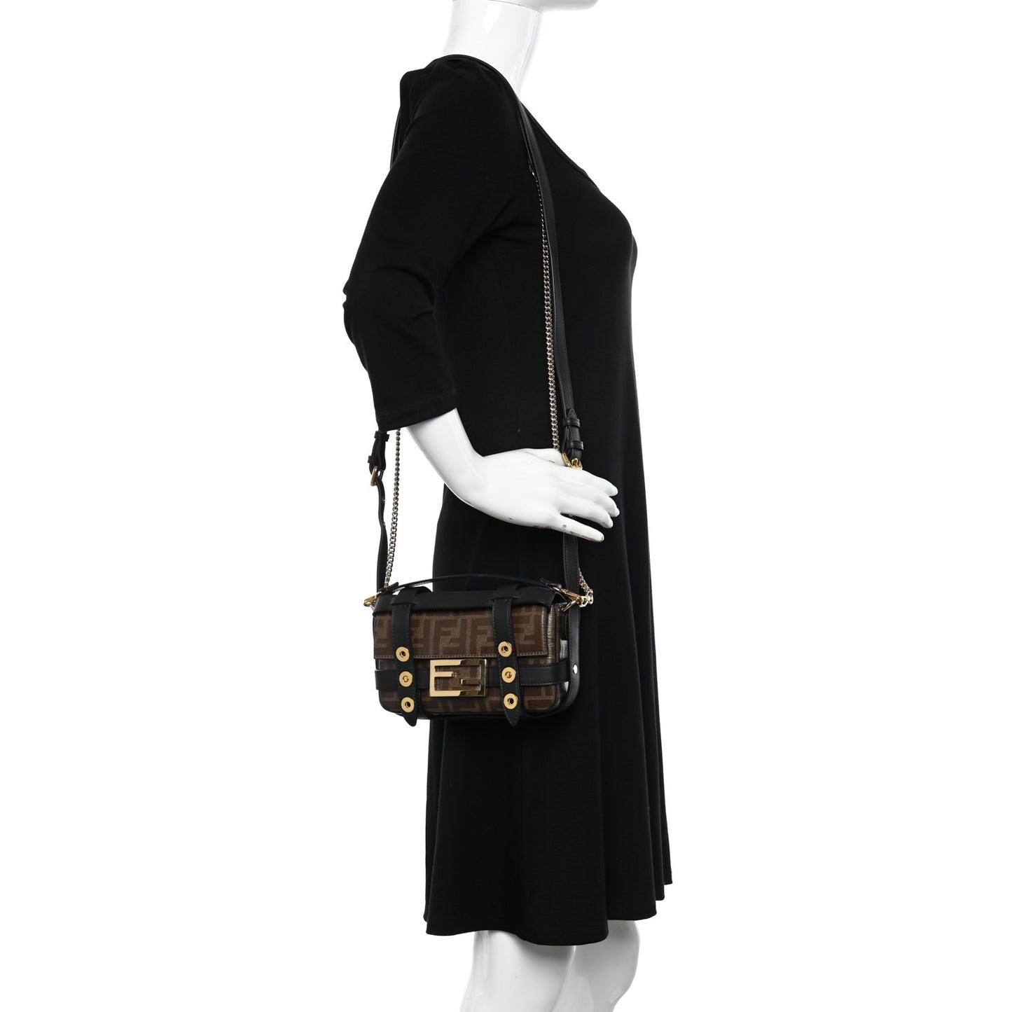 Glazed Fabric Vitello Century FF 1974 Mini Baguette Cage Mogano Panna Black