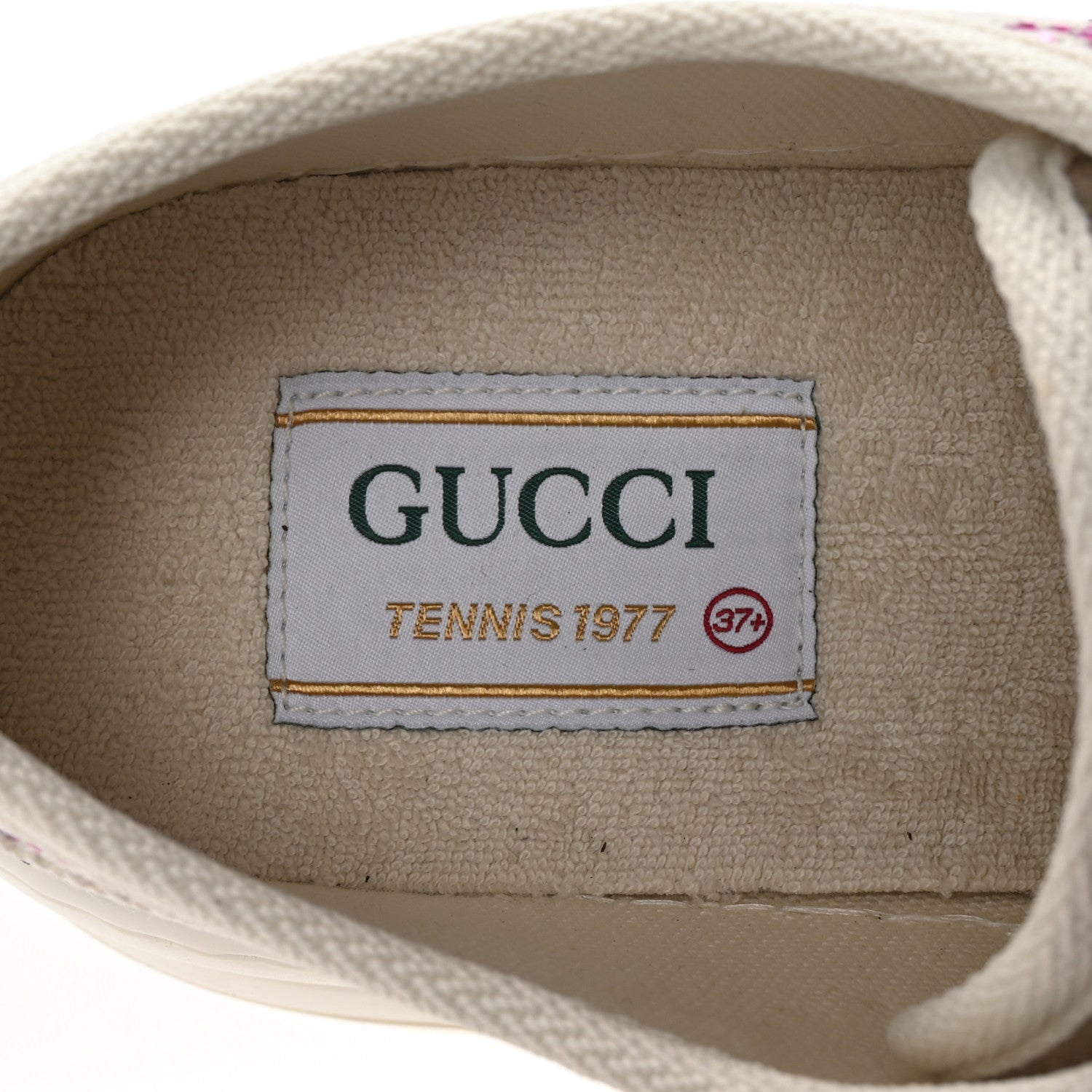 Gucci Canvas Lame Crystal GG Monogram Womens 1977 Tennis Sneakers 37.5 Gardenia Silver Mystic White 8 of 9
