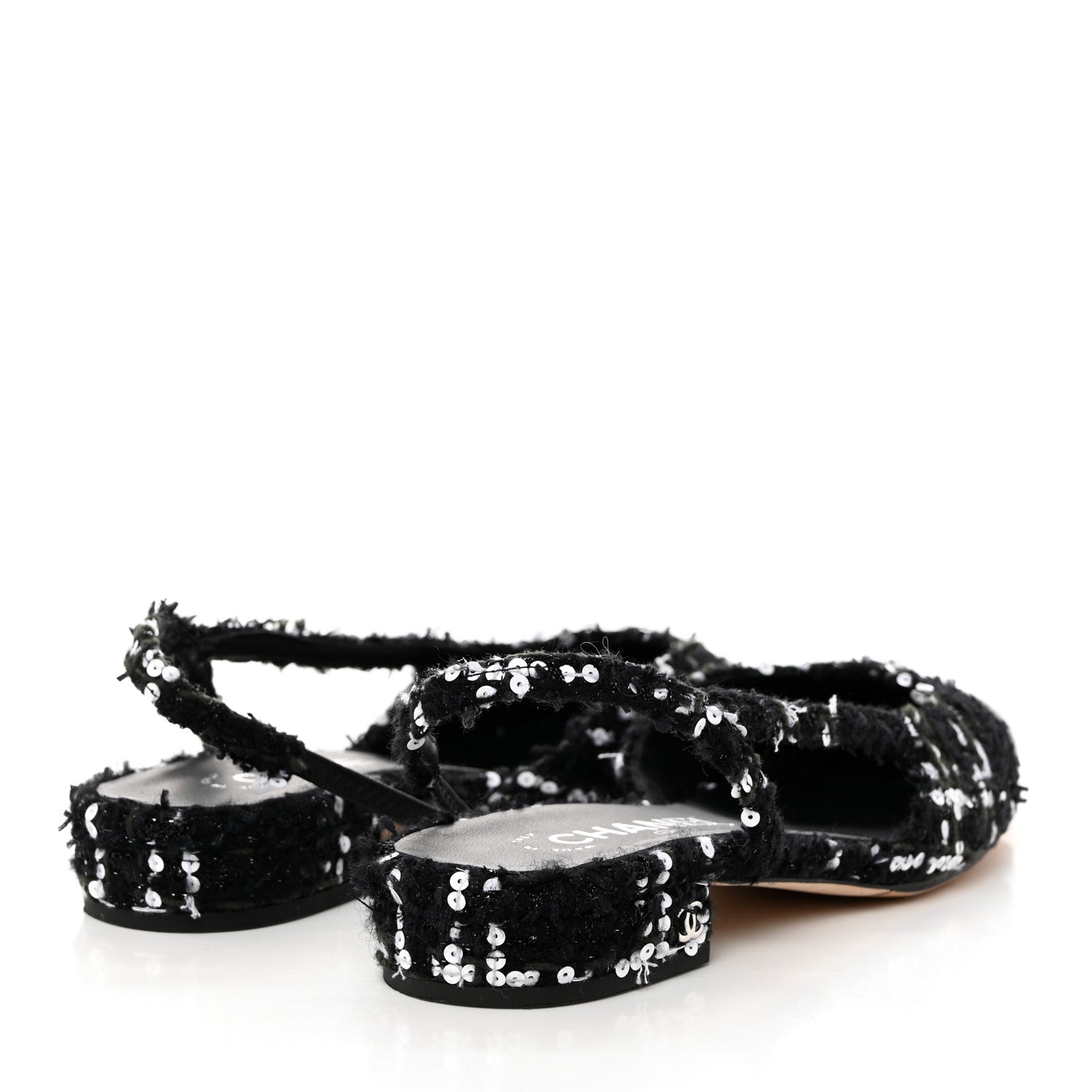 Chanel Tweed Sequin Patent Cap Toe CC Slingback Flats 37 Black 5 of 9