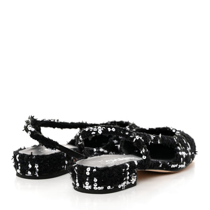 Chanel Tweed Sequin Patent Cap Toe CC Slingback Flats 37 Black 5 of 9