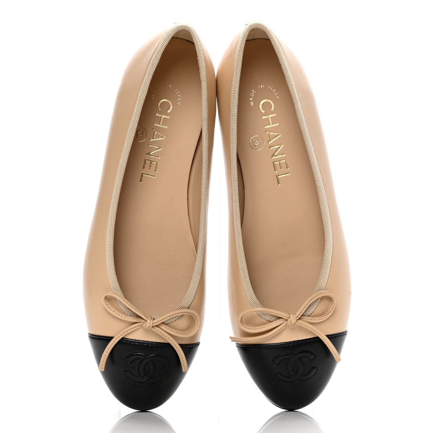 Lambskin CC Cap Toe Ballerina Flats 36 Beige Black