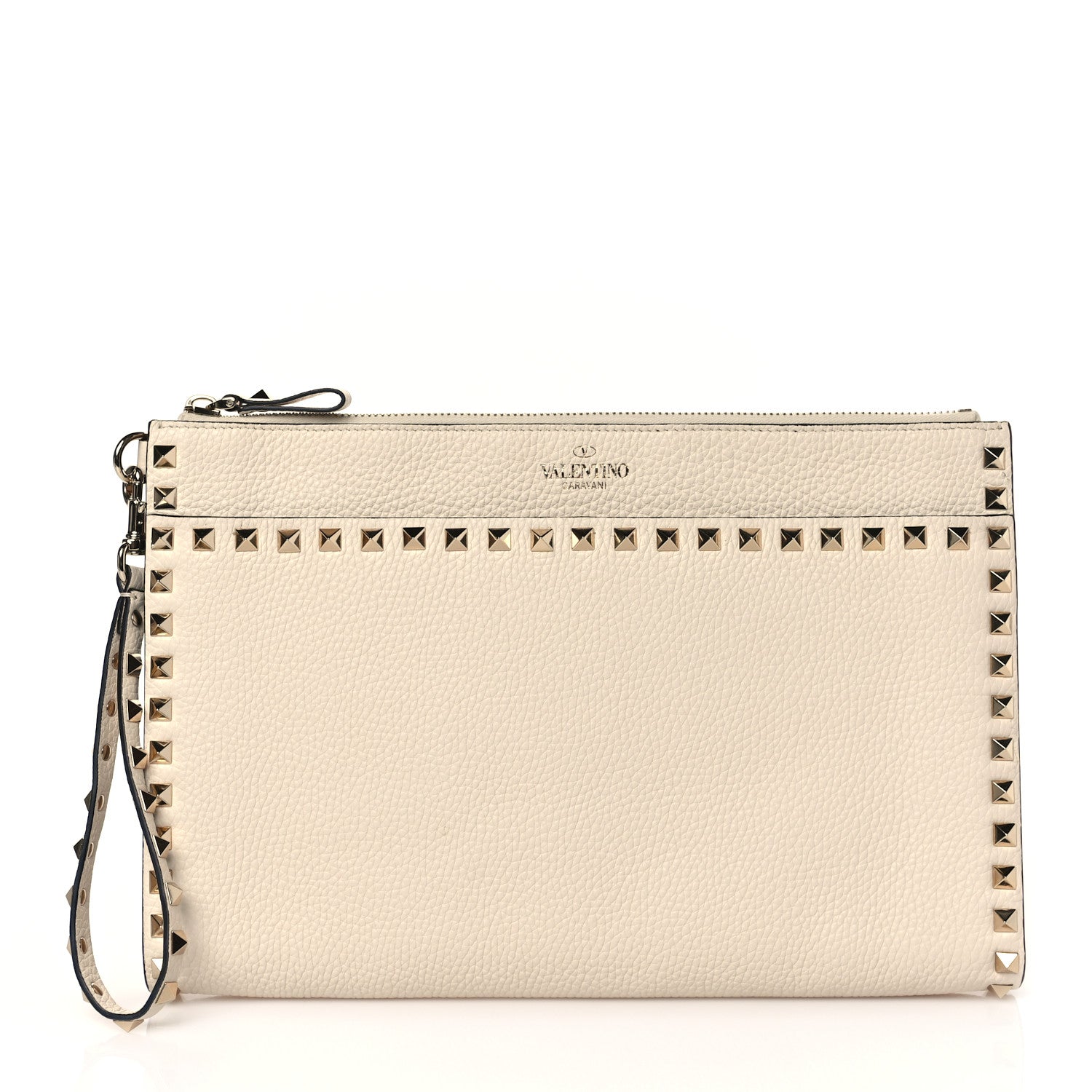 Valentino Garavani Pebbled Calfskin Rockstud Zip Pouch Ivory 1 of 9