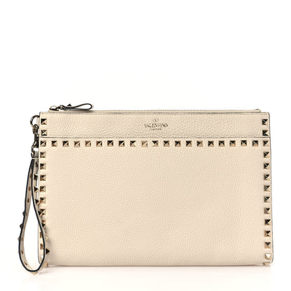 Valentino Garavani Pebbled Calfskin Rockstud Zip Pouch Ivory 1 of 9