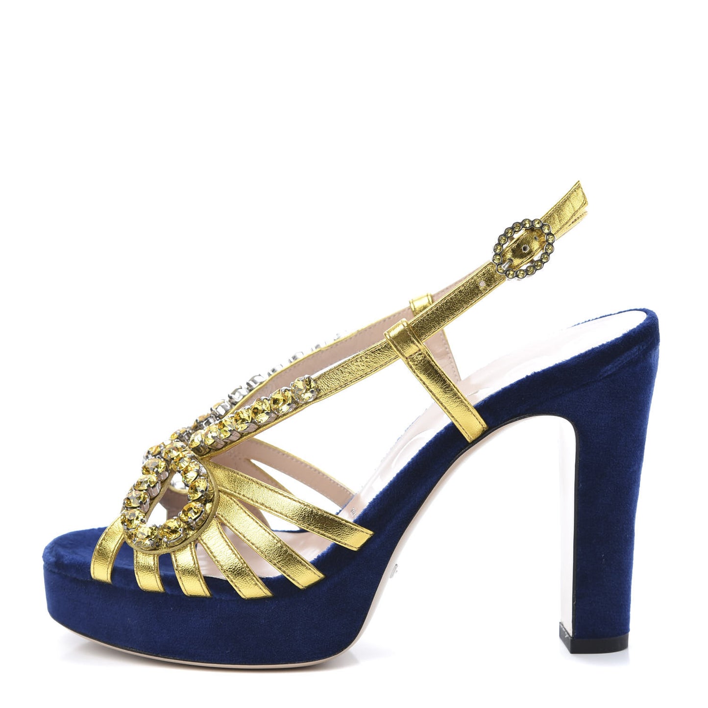 Velvet Nappa Crystal Zephyra Slingback Platform High Heel Sandals 36.5 Blue Gold