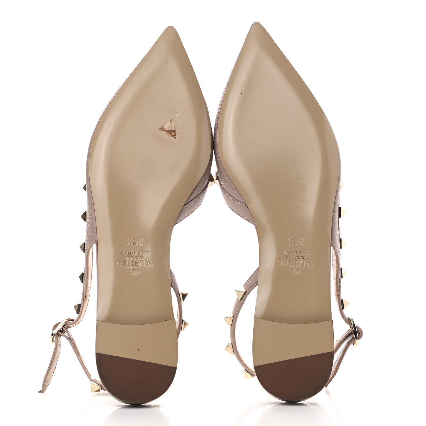 Pebbled Calfskin Rockstud Slingback Flats 36.5 Poudre