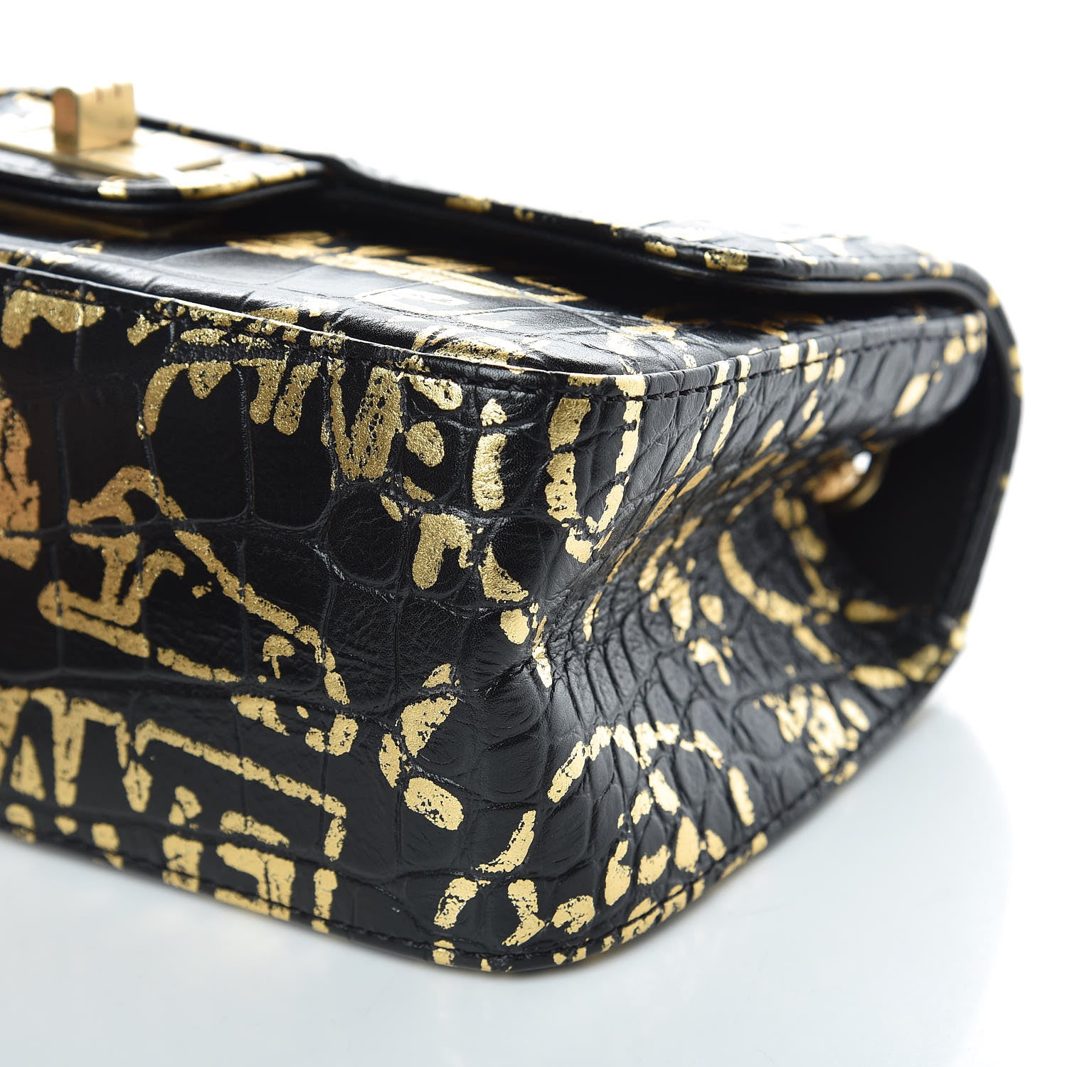 Chanel Calfskin Crocodile Embossed Graffiti 2.55 Mini Cocodile Reissue Flap Black Gold 9 of 10
