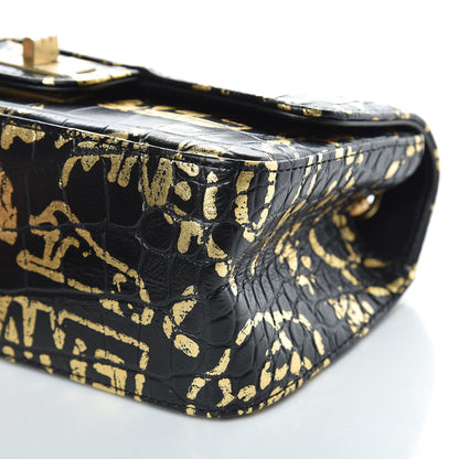 Chanel Calfskin Crocodile Embossed Graffiti 2.55 Mini Cocodile Reissue Flap Black Gold 9 of 10
