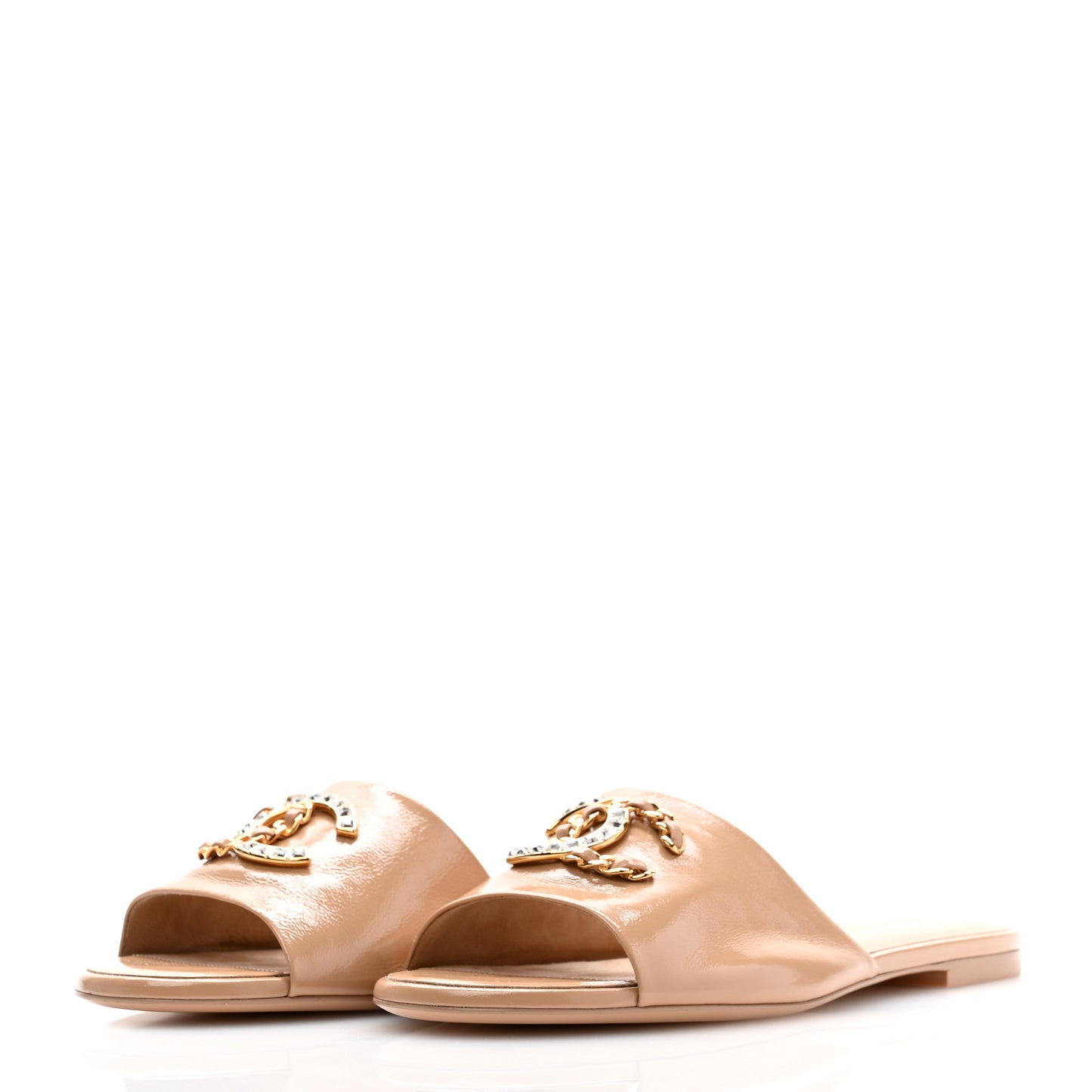 Shiny Calfskin Crystal CC Mules Sandals 40 Beige