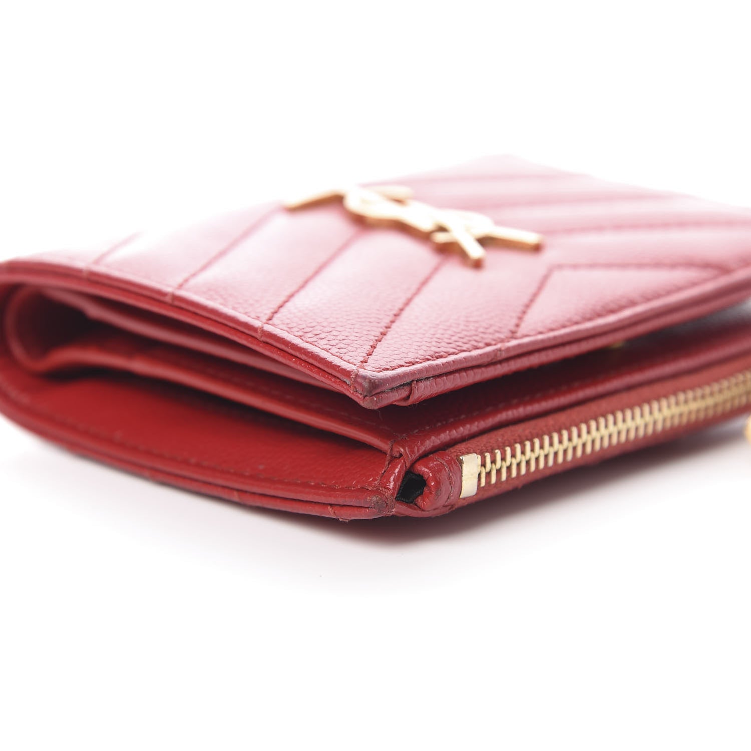 Saint Laurent Grain De Poudre Matelasse Chevron Monogram Zipped Card Case Rouge 10 of 13