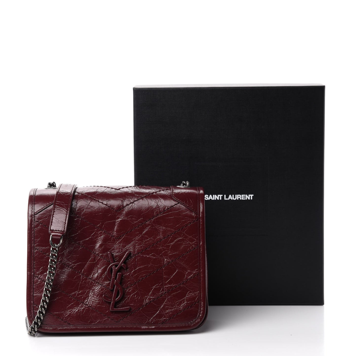 Crinkled Calfskin Matelasse Monogram Niki Chain Wallet Dark Legion Red