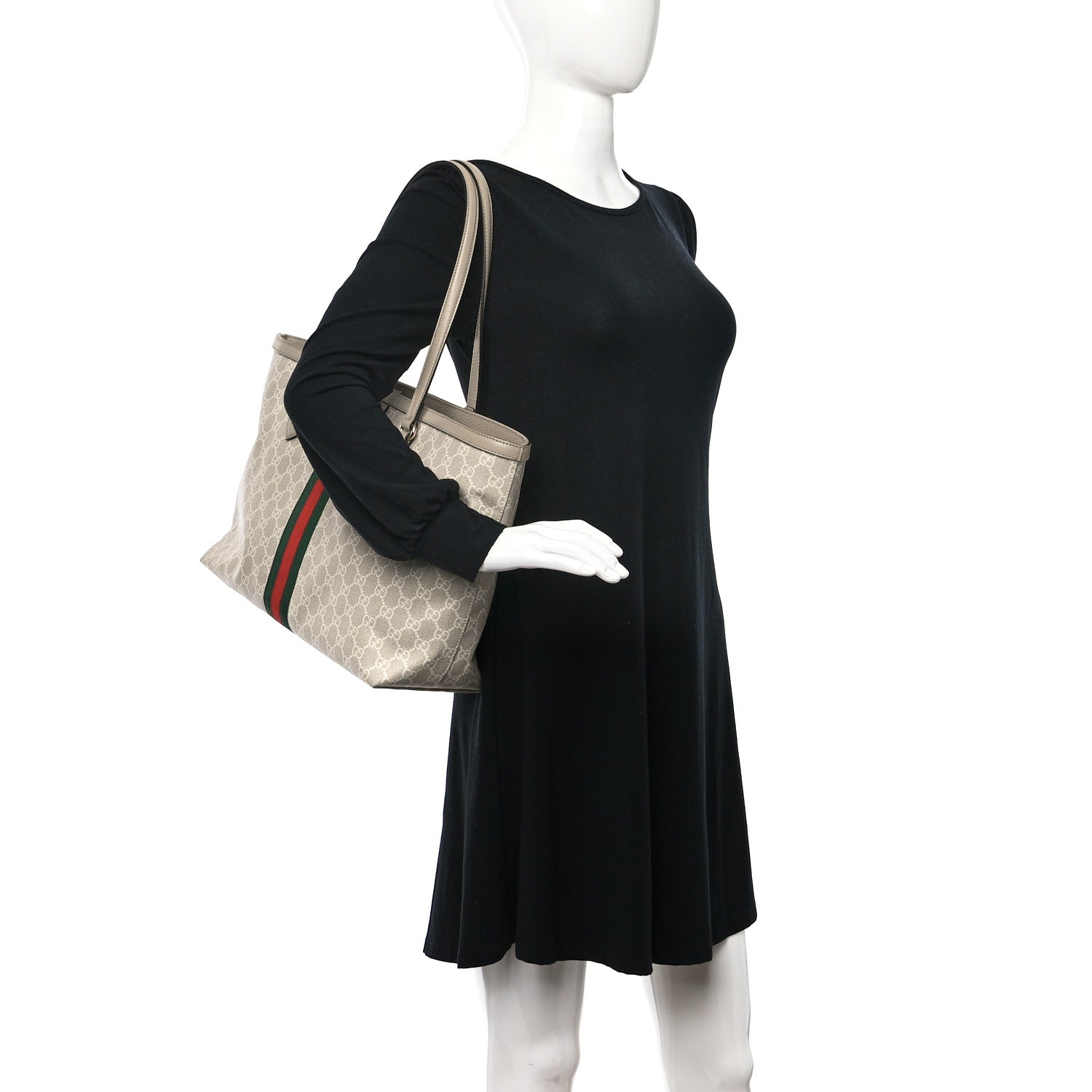 Gucci GG Supreme Monogram Textured Dollar Calfskin Web Medium Ophidia Shopping Tote Beige Mystic White Oatmeal 2 of 10